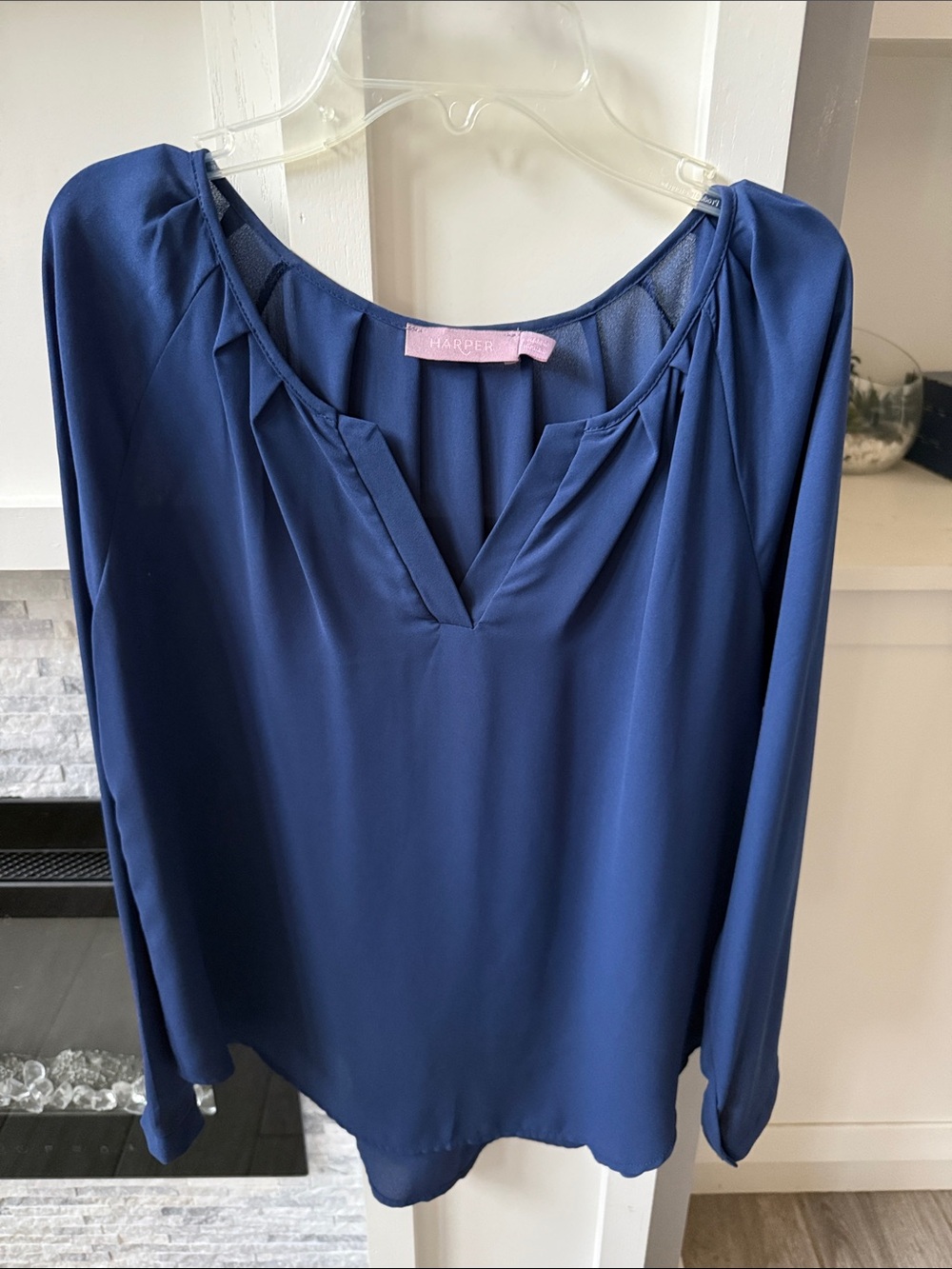 Harper Deep Blue V-Neck Long-Sleeve Blouse